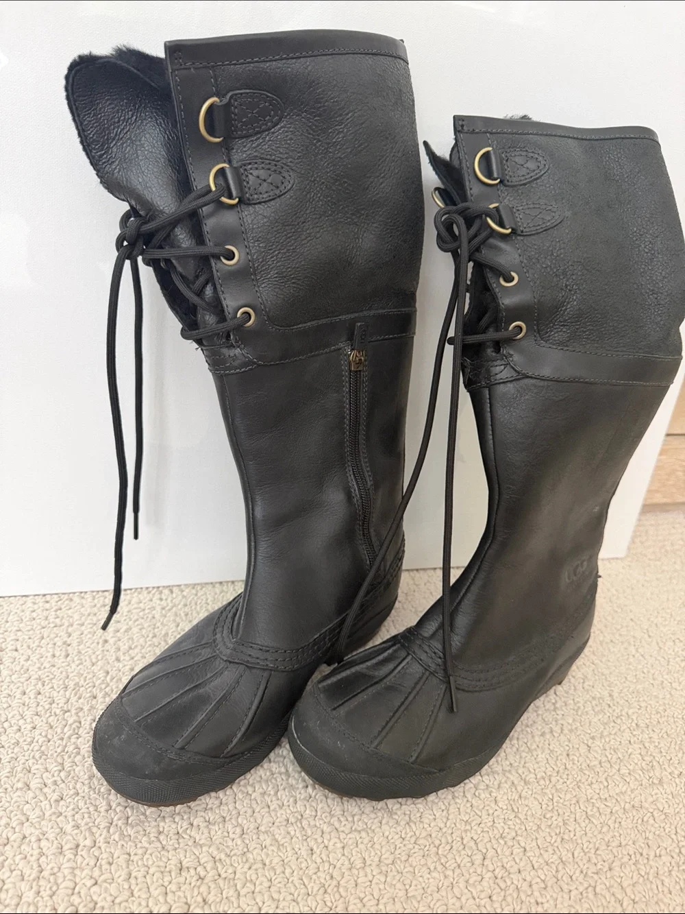 UGG Black water proof Leather Tall Lace-Up Winter Boots sheepskin 6.5